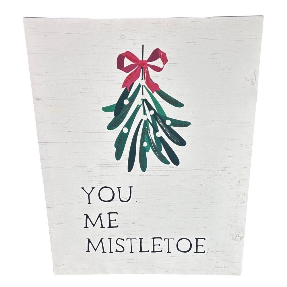 Festive Canvas Mistletoe Wall Art w/Red Bow Painted 20" Holiday GIFT NEW